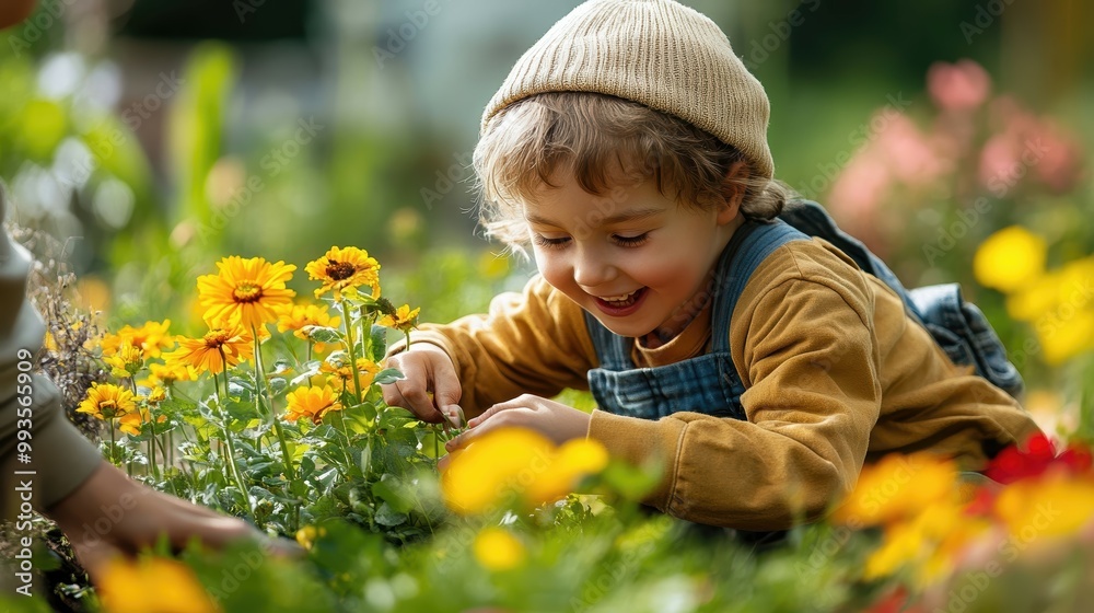 Child with Down Syndrome excitedly helping their parent garden planting vibrant flowers together Child with Down Syndrome excitedly helping their parent garden planting vibrant flowers together