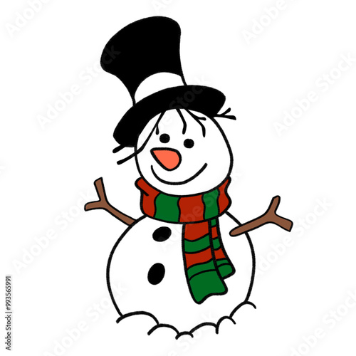 a drawing of smile snowman wearing fine hat and a shawl