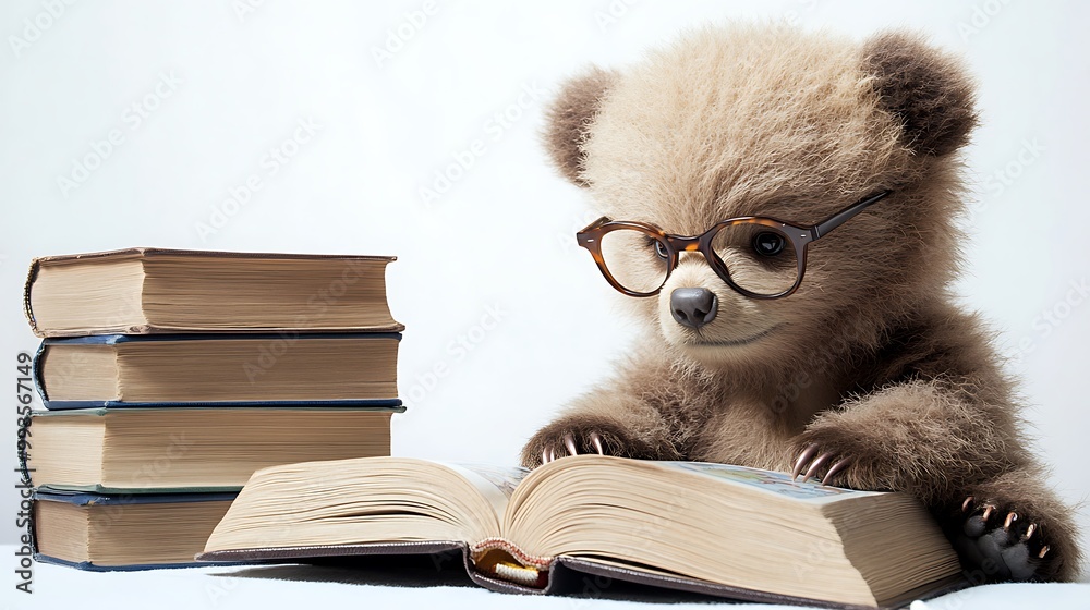 A cute teddy bear wearing glasses reads a book with a stack of books behind it. A cute teddy bear wearing glasses reads a book with a stack of books behind it.