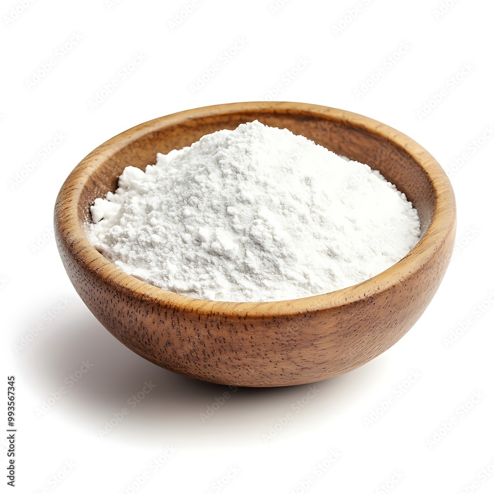 A wooden bowl filled with a heap of white flour, shot from above on a white background. A wooden bowl filled with a heap of white flour, shot from above on a white background.