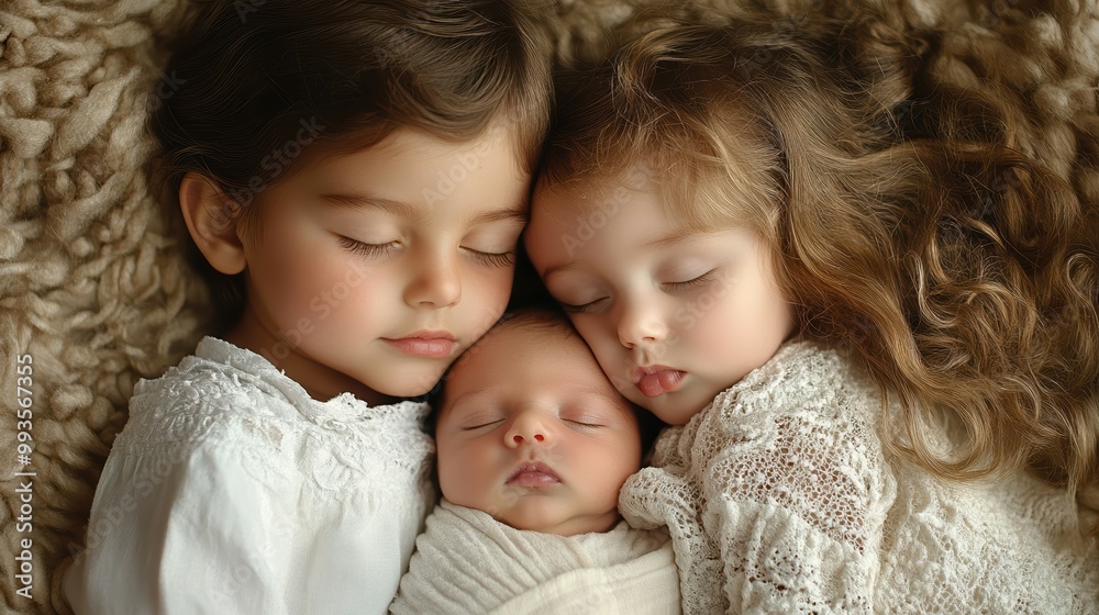 Sibling gently kissing newborn baby on the forehead Sibling gently kissing newborn baby on the forehead