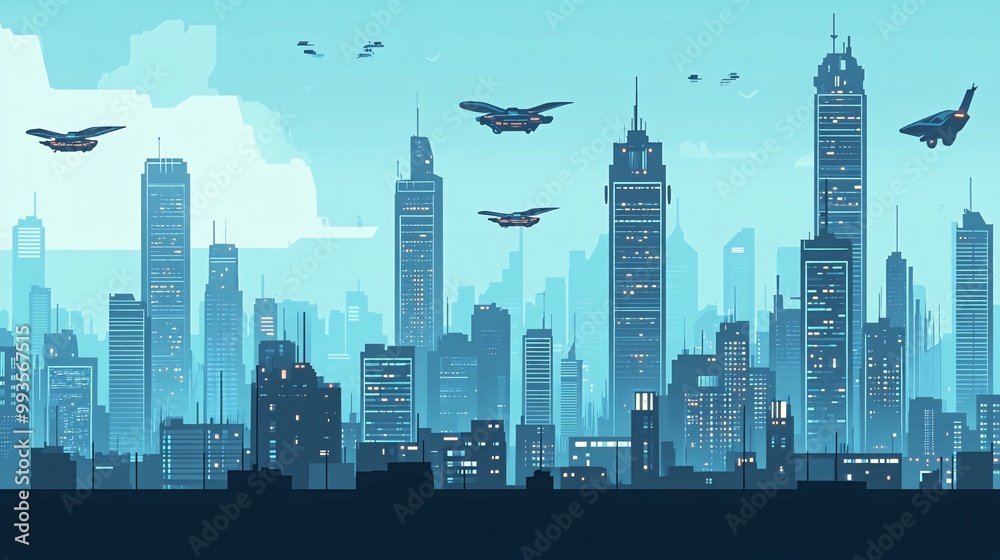 A futuristic cityscape with flying vehicles. A futuristic cityscape with flying vehicles.