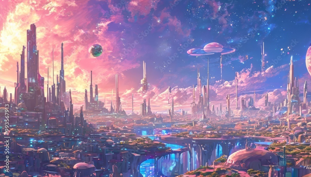Fototapeta premium A mesmerizing sci-fi cityscape set in the future, featuring towering buildings, floating platforms, and vibrant colors against a dramatic sky. This scene is perfect for futuristic, technology, and