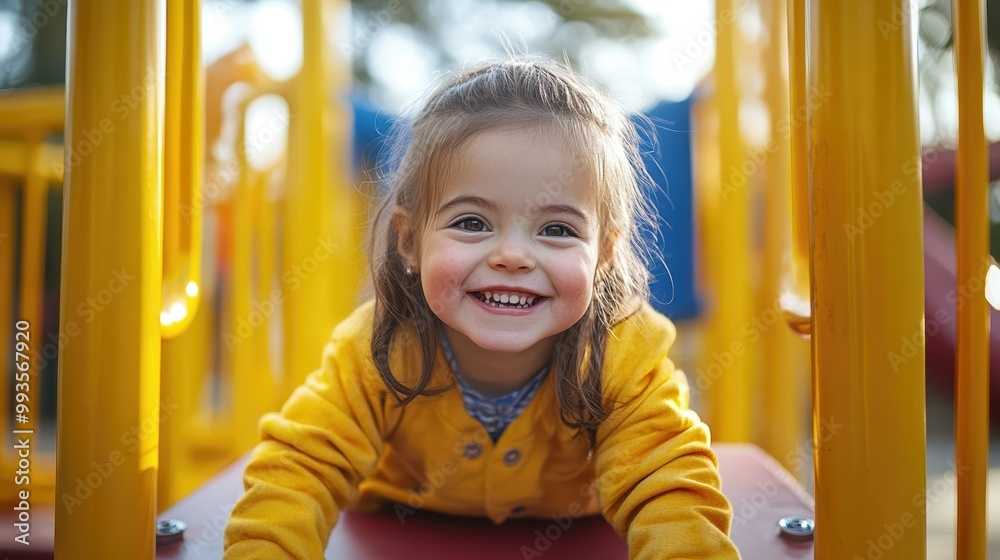 Joyful Child with Down Syndrome Exploring Playground with Curiosity and Happiness Joyful Child with Down Syndrome Exploring Playground with Curiosity and Happiness