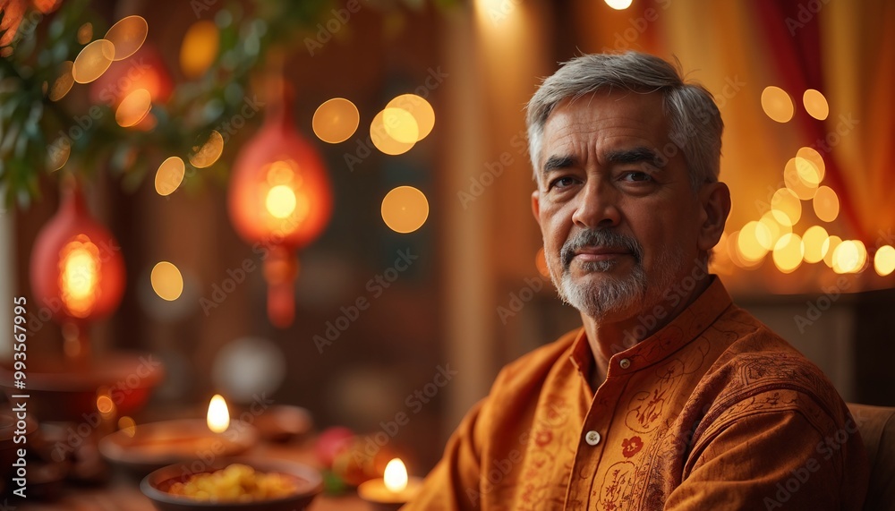 Indian Man Enjoying Diwali Celebration Surrounded by Warm Festive Lights and Decor Indian Man Enjoying Diwali Celebration Surrounded by Warm Festive Lights and Decor
