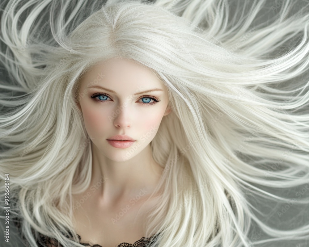 A beautiful young woman with long, flowing white hair poses for a fashion photo shoot. A beautiful young woman with long, flowing white hair poses for a fashion photo shoot.