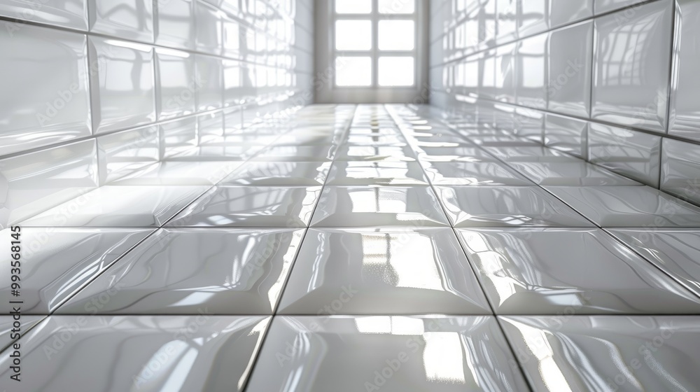Obraz premium White tiles floor. Closed up of white glossy ceramic brick tiles floor texture, tile pattern in a bathroom