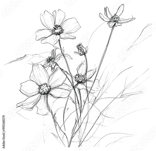 Black-and-white sketch of a bundle of wildflowers.