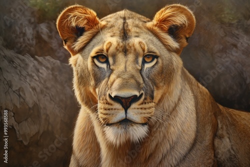 A close-up portrait of a lioness with striking features.