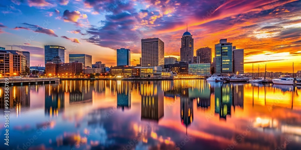 Fototapeta premium Stunning Maryland Skyline at Dusk with Vibrant Colors Reflecting on the Water's Surface