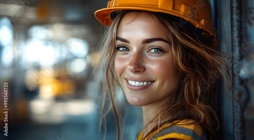 A Smiling Female Construction Worker Wearing a Hard Hat 