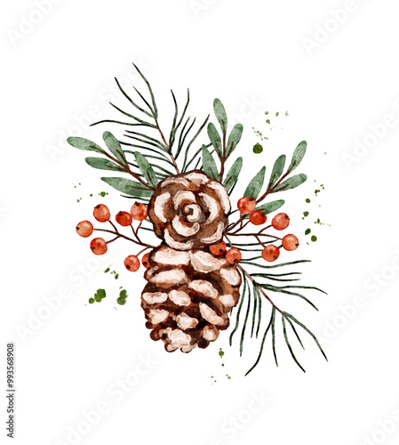 A watercolor illustration of a pine cone, green branches, and red berries