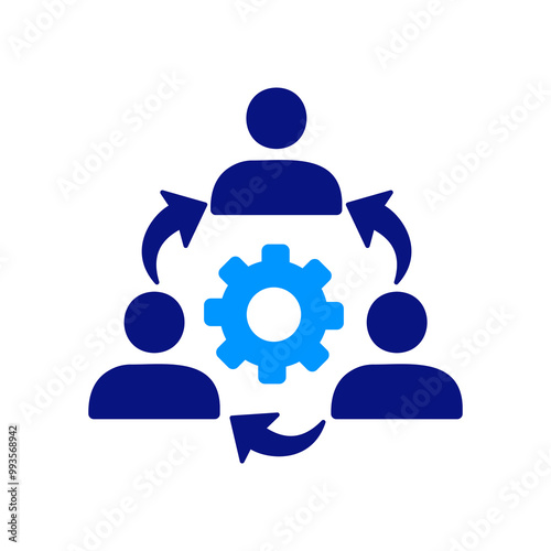 Teamwork concept, gear in the center, arrows showing collaboration, blue tones, teamwork process, organized roles, technical collaboration, blue and dark elements.