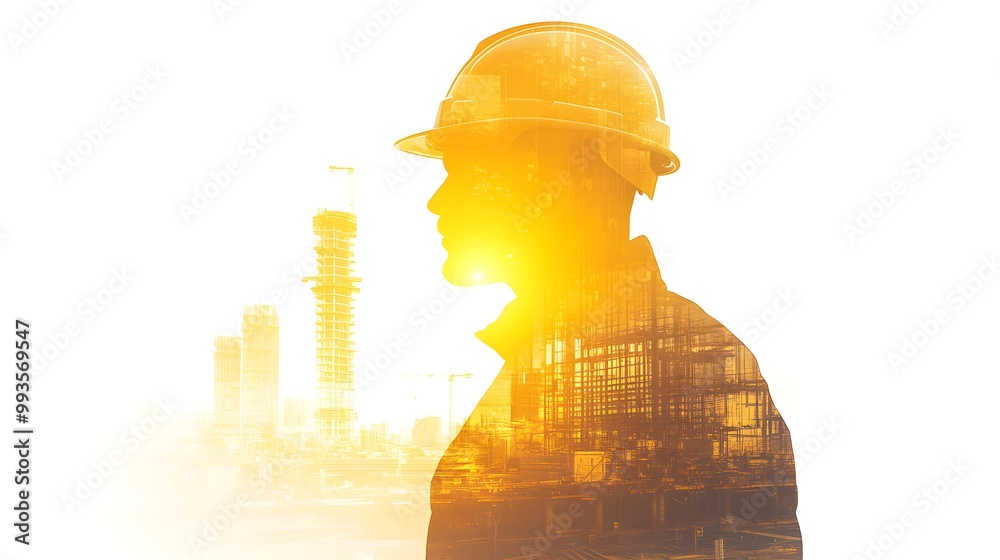 Double exposure of a construction worker and a city silhouette, double exposure of a portrait of an engineer wearing a helmet against a factory background Double exposure of a construction worker and a city silhouette, double exposure of a portrait of an engineer wearing a helmet against a factory background