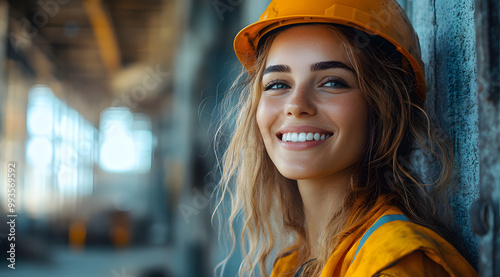 A Smiling Female Construction Worker Wearing a Hard Hat 