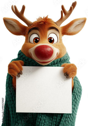 Santa and reindeer Rudolph holding a white board to convey his message, smiling, as he prepares gifts to say thank you for Christmas.