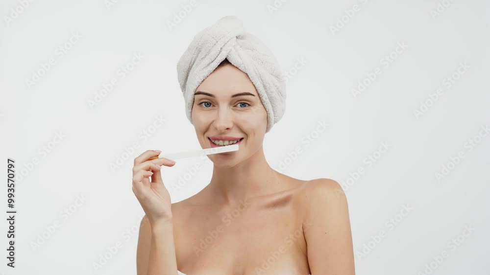 The concept of beauty and personal hygiene. An attractive, happy young woman in a bath towel holds a toothbrush. This image embodies self-care and the joy of daily routines.