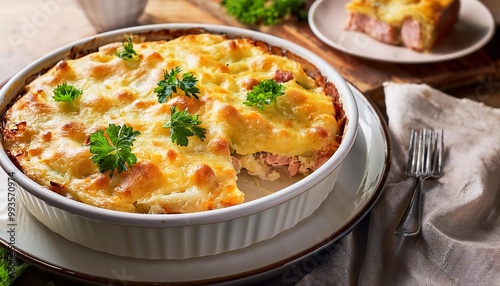 Homemade Casserole with Baked Cheese, Ham, and Macaroni