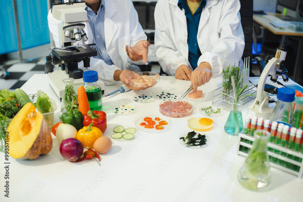 Microbiologist Working on Molecule Samples in Modern Food Science Laboratory, Control experts inspect the concentration of chemical residues. hazards, standard, contaminate. Microbiologist Working on Molecule Samples in Modern Food Science Laboratory, Control experts inspect the concentration of chemical residues. hazards, standard, contaminate.
