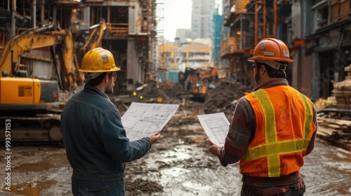 Construction Workers Reviewing Plans at a Building Site