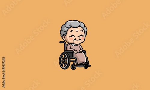 Smiling elderly woman in a wheelchair with glasses.