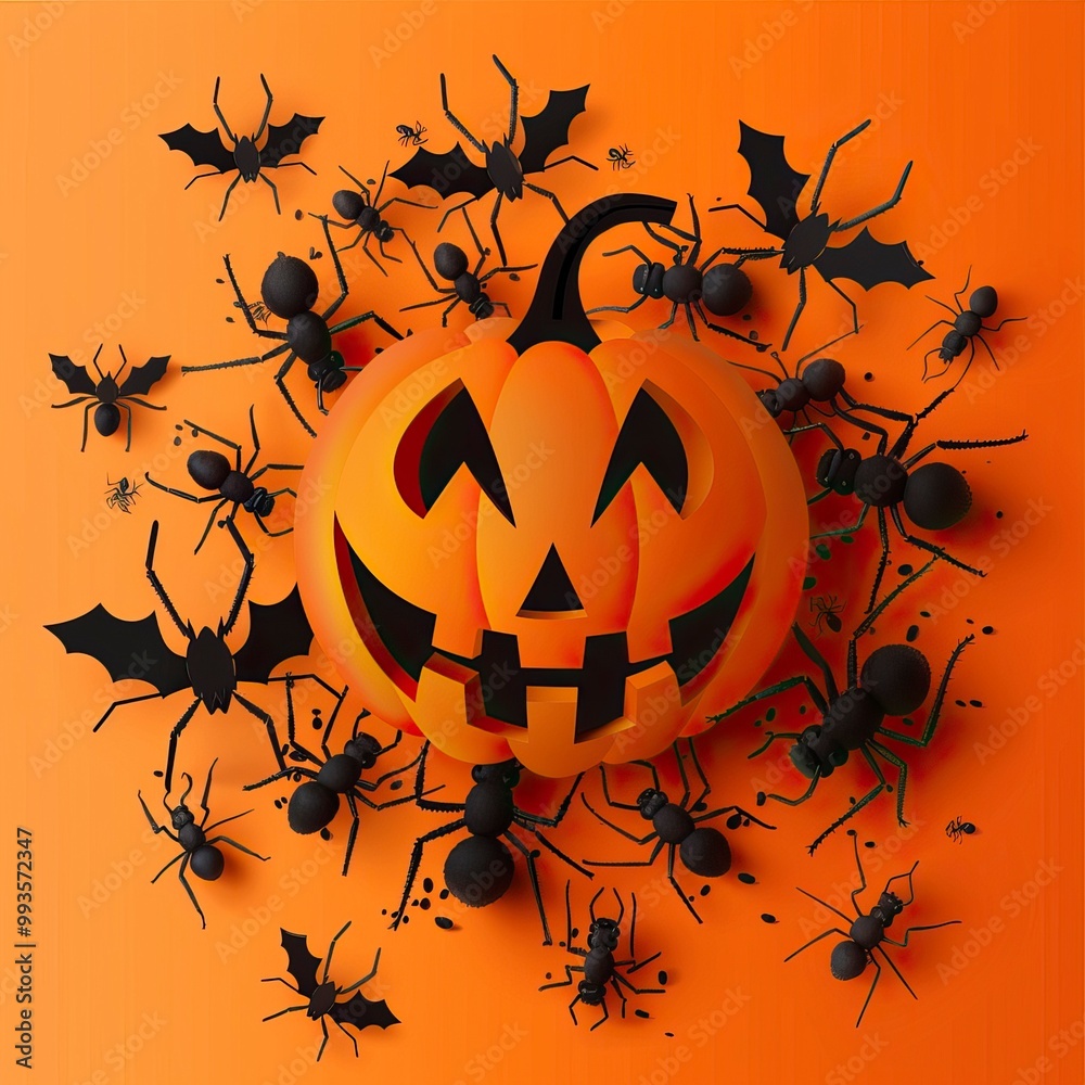 Flat lay Vector Illustration Halloween concept with ants, Happy Halloween