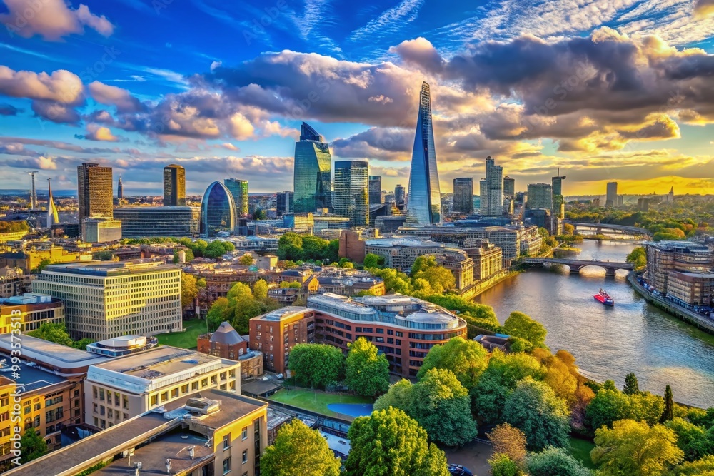 Naklejka premium Stunning panoramic view of London UK skyline showcasing iconic architecture and urban landscape