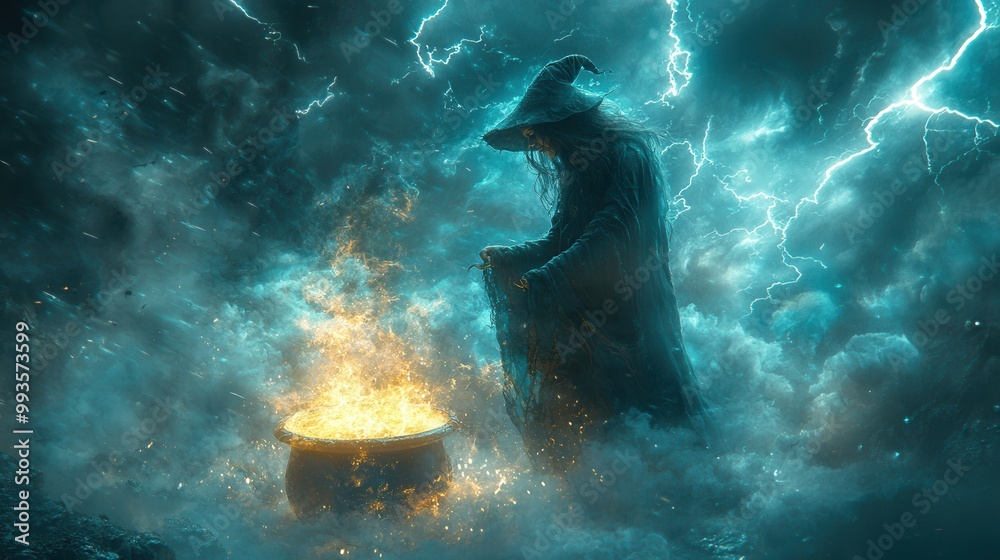 Mysterious Sorcerer Casting Spells in Stormy Night Mysterious Sorcerer Casting Spells in Stormy Night