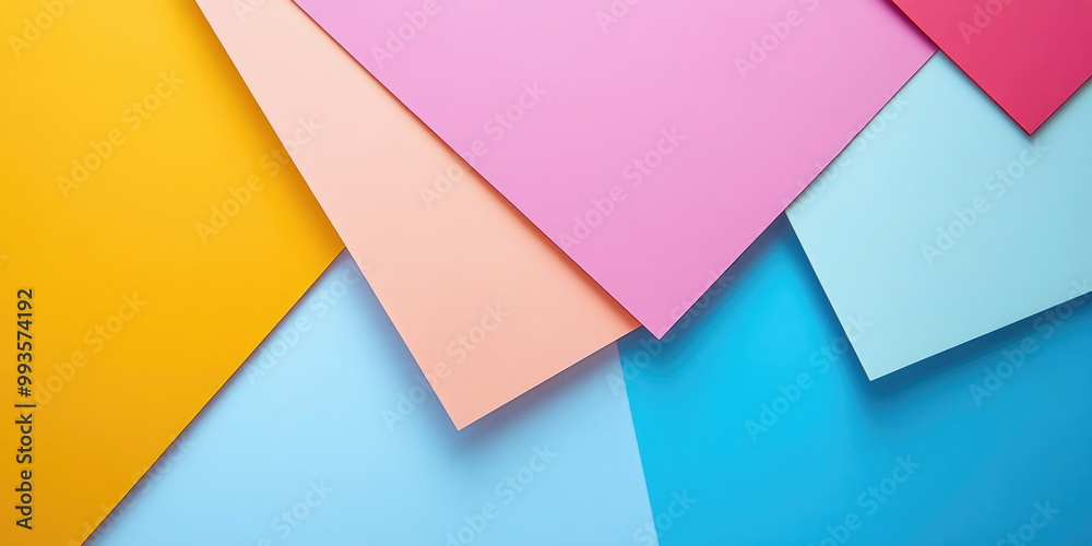 Colorful pastel paper sheets arranged in an overlapping geometric pattern, featuring shades of yellow, pink, peach, and blue.