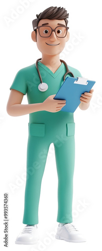 3D render of a male nurse in green scrubs