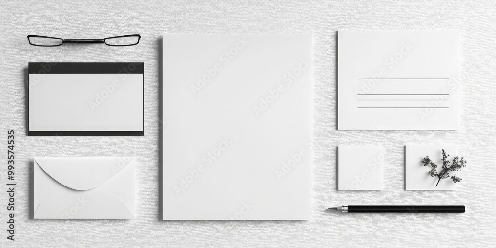 Minimalist flat lay of business stationery including envelopes, notepads, pen, and glasses on a white surface for a professional workspace. Minimalist flat lay of business stationery including envelopes, notepads, pen, and glasses on a white surface for a professional workspace.