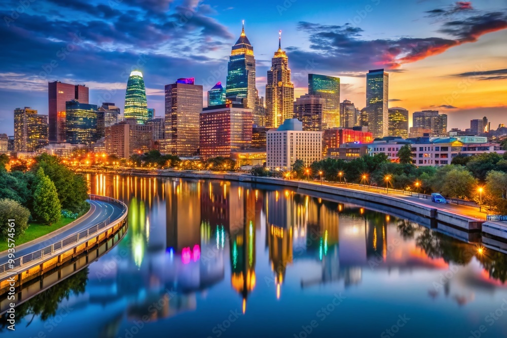 Fototapeta premium Stunning Philadelphia Skyline at Dusk with Colorful Lights and Reflections in the Water 2023