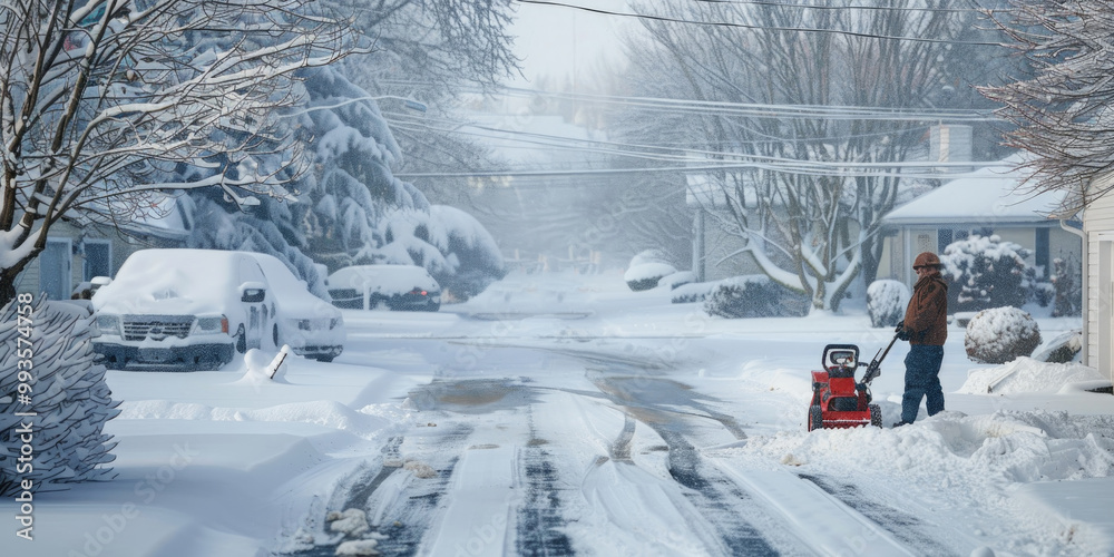 Fototapeta premium Man using a snowblower to clear snow from a road in a residential area, surrounded by snow-covered trees, cars, and houses after a snowstorm.
