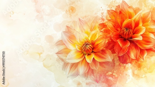 Bright flowy dahlia flowers in fire colors with plenty of negative space