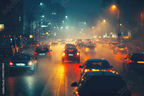 City traffic jam at night with cars moving slowly, red brake lights illuminating the foggy air, and a glowing wet road reflecting the urban lights.