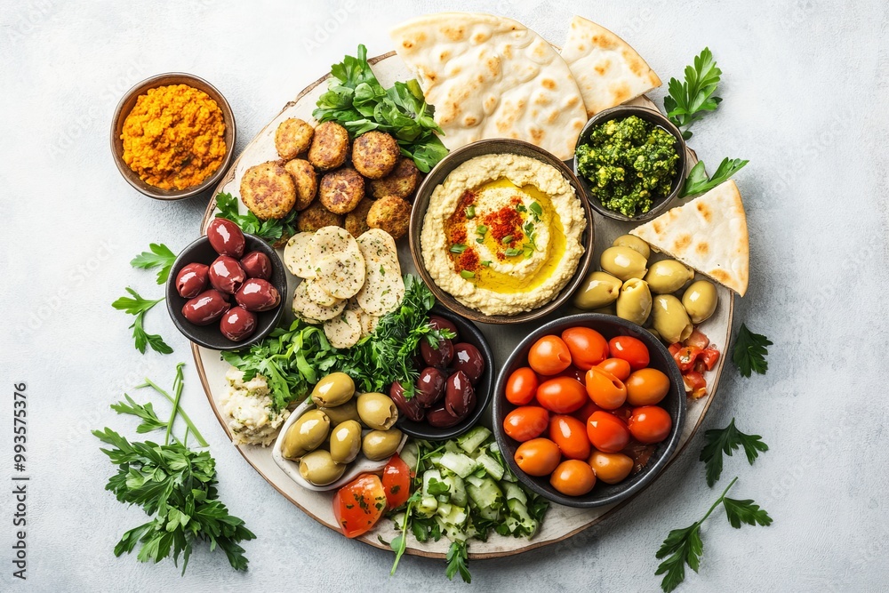 Vibrant flat lay of vegan mediterranean platter with hummus, olives, falafel, and pita bread Vibrant flat lay of vegan mediterranean platter with hummus, olives, falafel, and pita bread