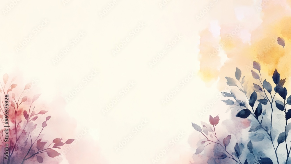 Fototapeta premium Simple and elegant abstract trees and leaves watercolor background, white background, horizontal banner. For card, invitation, web, social media, presentation, slide show, marketing, advertising.