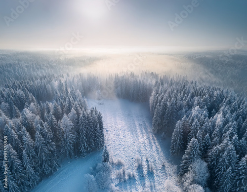 Epische Winterlandschaft eines Waldes von oben, mit KI generiert photo