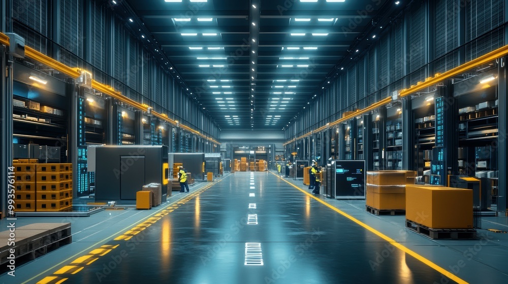 Obraz premium Detailed interior of a modern logistics facility, showcasing barcode scanners tablet-equipped workers, and a digital inventory management system
