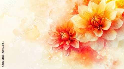Bright flowy dahlia flowers in fire colors with plenty of negative space