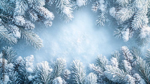 Winter Christmas scenic background with copy space. Snowy landscape with fir branches covered with snow close-up.