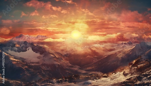 A breathtaking sunset over snow-covered mountains, with golden light spilling over the peaks. Vibrant clouds in red and orange create a dramatic sky, emphasizing the grandeur of nature.. AI Generation