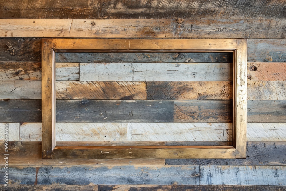 A rugged wooden plank wall with a tarnished brass frame, the empty middle creating a rustic vibe A rugged wooden plank wall with a tarnished brass frame, the empty middle creating a rustic vibe