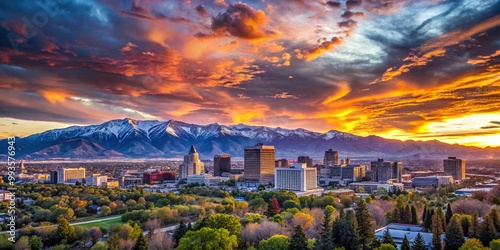 Stunning Salt Lake City Skyline with Dramatic Clouds and Vibrant Sunset over Urban Landscape photo