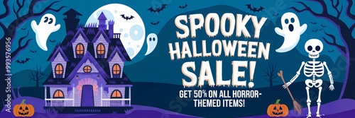 Spooky Halloween sale banner. Haunted house and skeleton in night scene. Eerie atmosphere. Holiday marketing. Promotion for retail stores. Festive decoration. Horizontal layout.