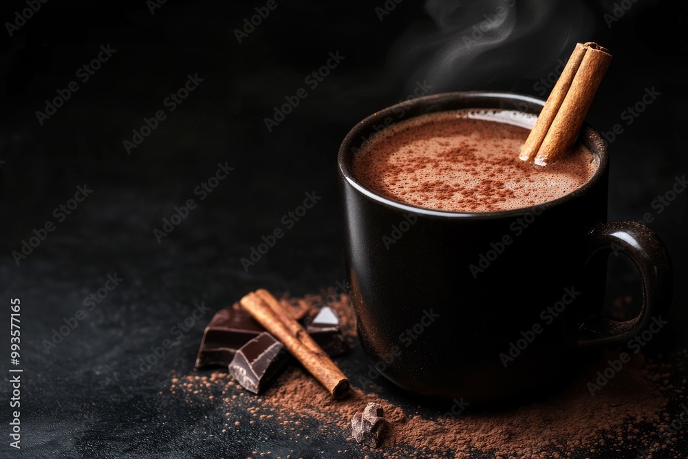 Rich steaming cup of hot chocolate with cinnamon stick on dark background with vibrant warm tones Rich steaming cup of hot chocolate with cinnamon stick on dark background with vibrant warm tones