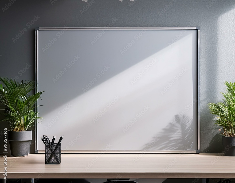 © Kati Lenart - Clean empty white board with copyspace on the wall in a modern corporation office, no people. Pale toned image, no people, scandinavian style furniture.