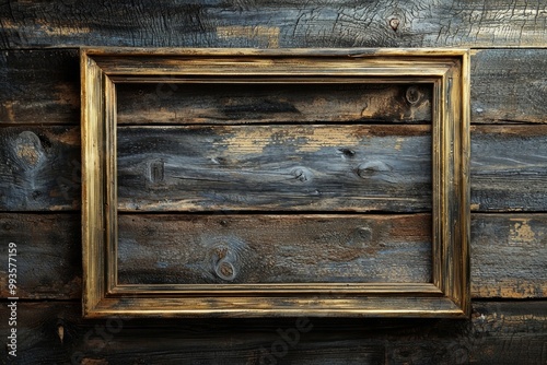 A rugged wooden plank wall with a tarnished brass frame, the empty middle creating a rustic vibe 