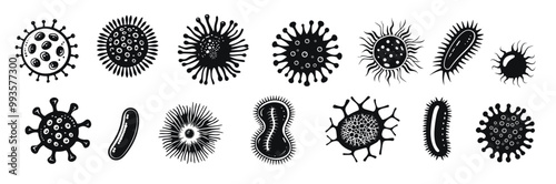 Set of various bacteria and virus icons, detailed vector illustration. Black and white designs of microorganisms with diverse shapes and structures.