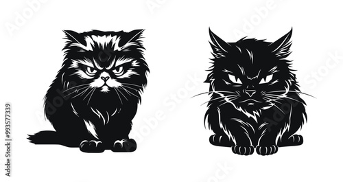 Angry sitting cats with fierce expressions, detailed vector illustration. Black and white feline designs featuring long fur and intense gazes.